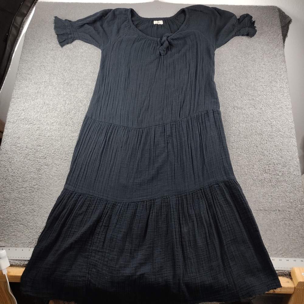 Natural Life Black Gauze Tiered Maxi Dress Short Puff Sleeve Boho Size Medium